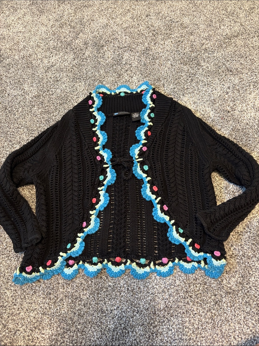 Relativity Black Open Knit Cardigan with Blue Crochet Trim and Multicolor Dots